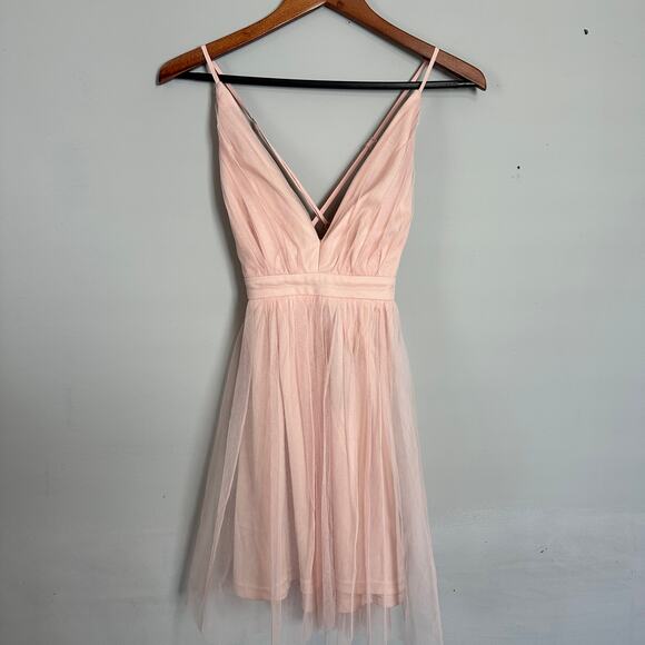 Lulus Blush Pink Tulle V-Neck Skater Dress NEW - Picture 3 of 7